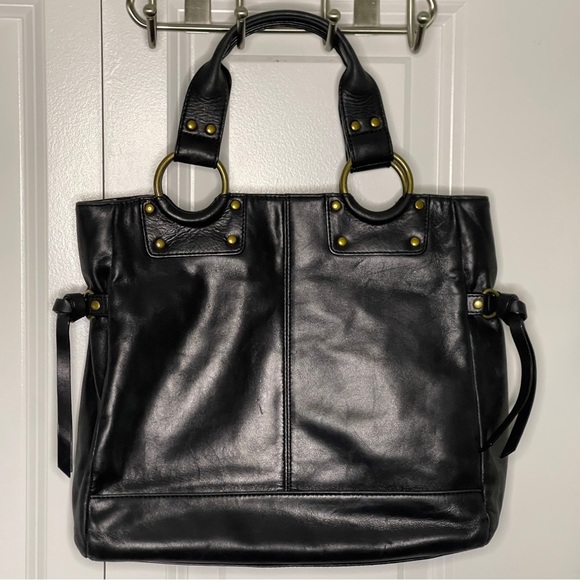 Vintage Kenneth Cole Reaction Black Leather Bag Brass Hardware Purse Tote Retro - Picture 5 of 14